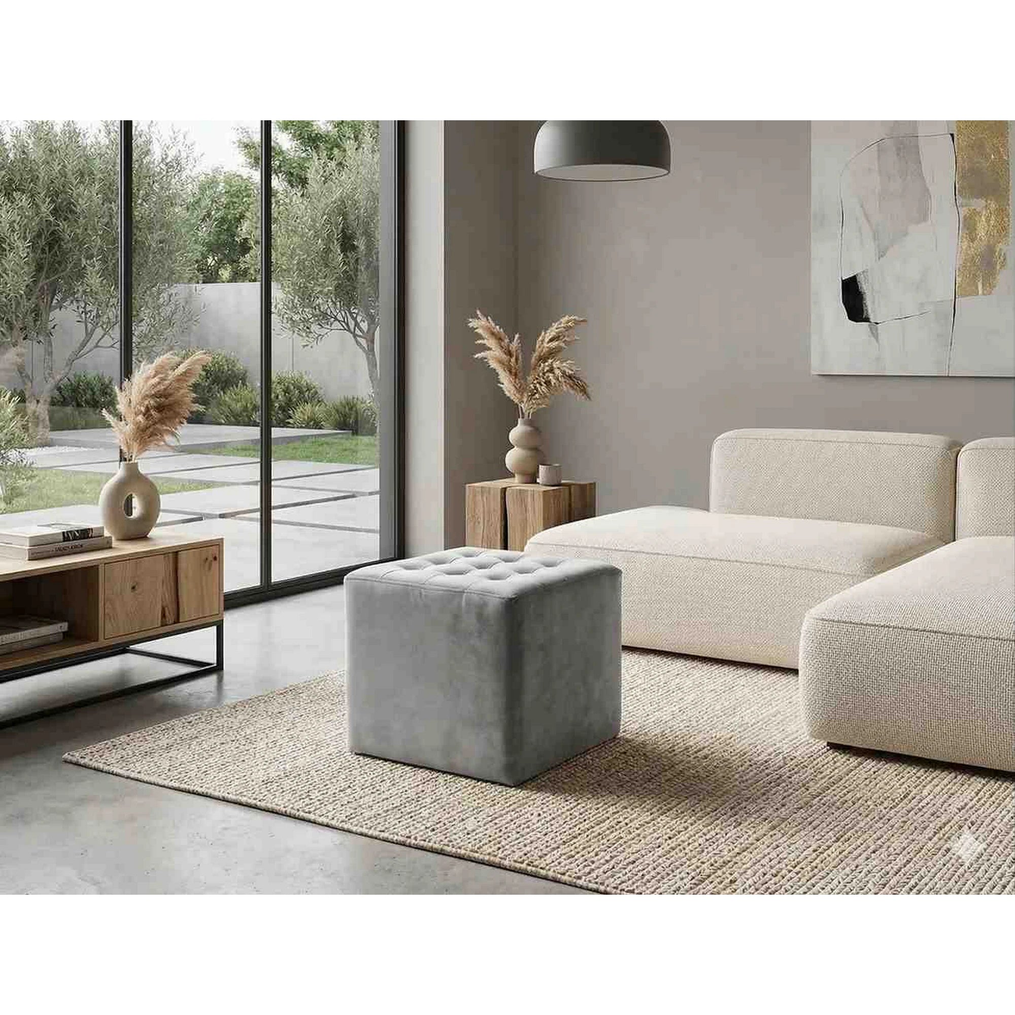 Taburet LORI, stofa catifelata gri deschis, 39x39x34 cm