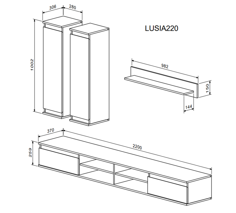 Mobilier living LUSIA, stejar/alb, PAL, 4 piese, 220x37x160 cm