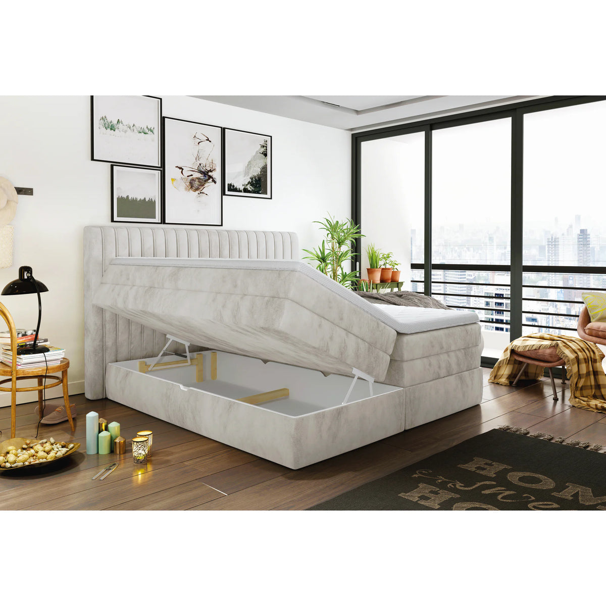 Pat boxspring MINOLA 140x200, personalizabil materiale gama Premium, cu saltele, topper si 2 lazi pentru depozitare