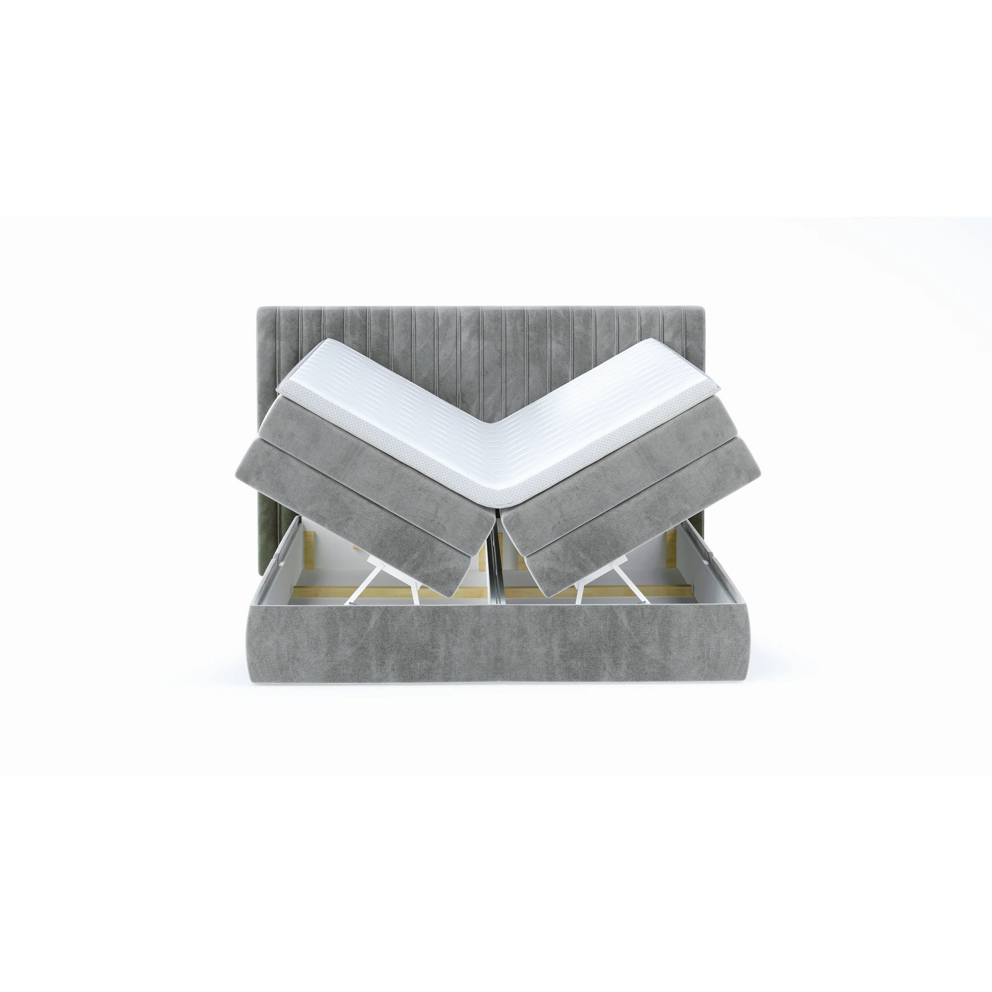 Pat MINOLA boxspring 180x200, stofa catifelata bej - Riviera 16, Gama Premium, cu saltele, topper si 2 lazi pentru depozitare