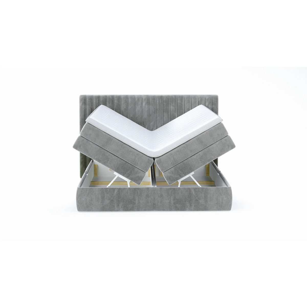 Pat boxspring MINOLA 160x200, personalizabil gama materiale Premium, cu saltele, topper si 2 lazi pentru depozitare