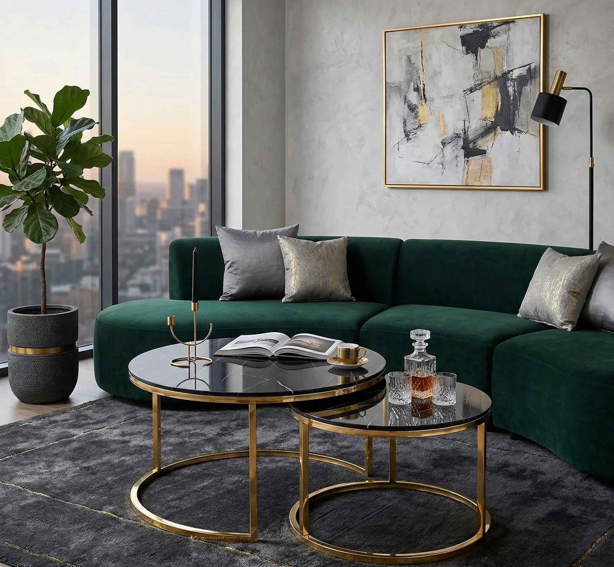 Set 2 masute MUSE, negru cu efect de marmura/auriu, sticla/otel