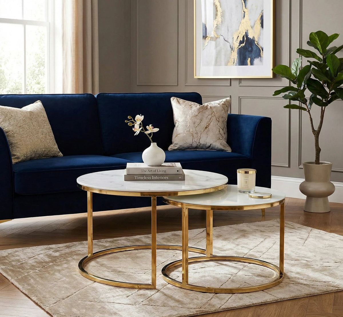 Set 2 masute MUSE, alb cu efect de marmura/auriu, sticla/otel