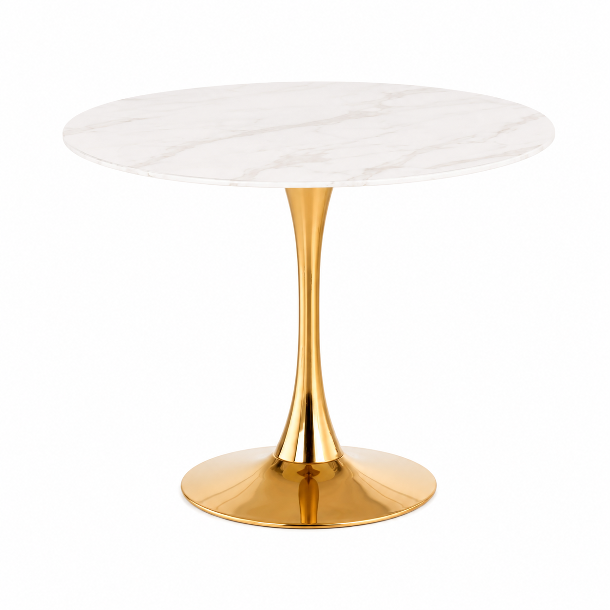 Masa rotunda cu blat de sticla CASEMIRO, alb cu efect de marmura/auriu, 90x90x75 cm