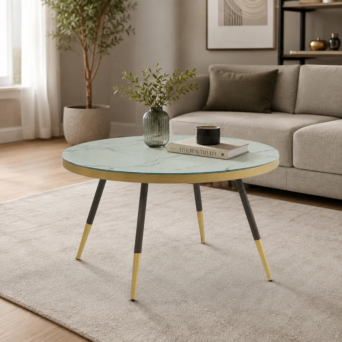 Masuta VEGA B, alb cu efect de marmura/negru/auriu, sticla/metal, 80x80x45 cm