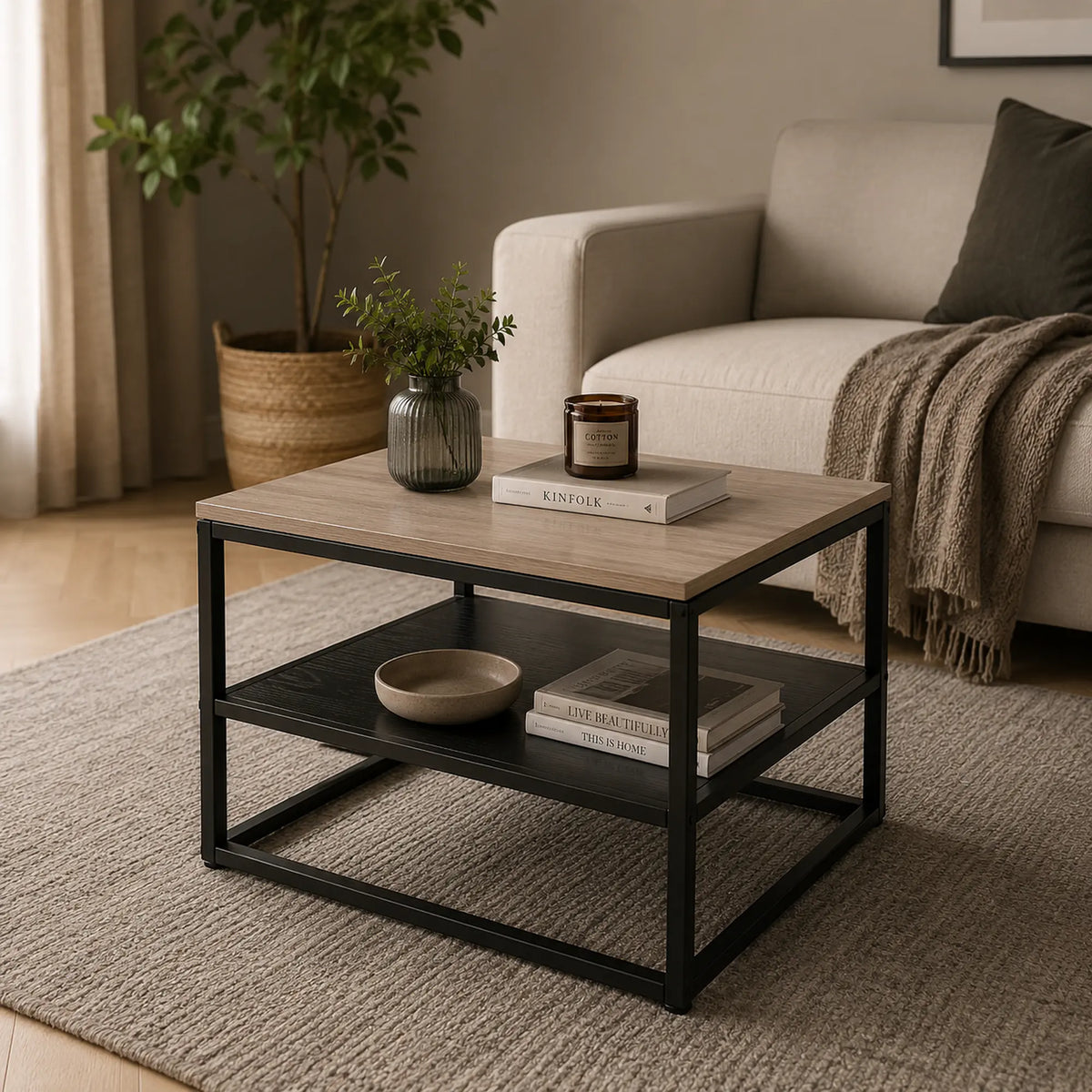 Masuta cafea AMBER B, stejar/negru, metal, 55x55x42 cm