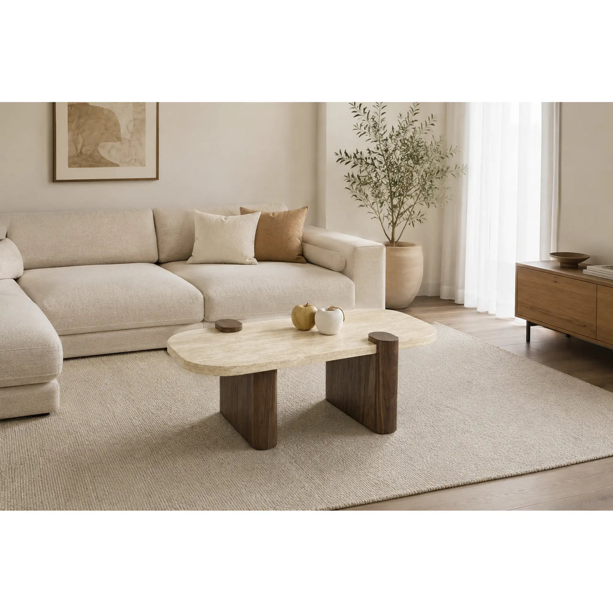 Masuta cafea CANOA, travertin/nuc, 120x70x43 cm