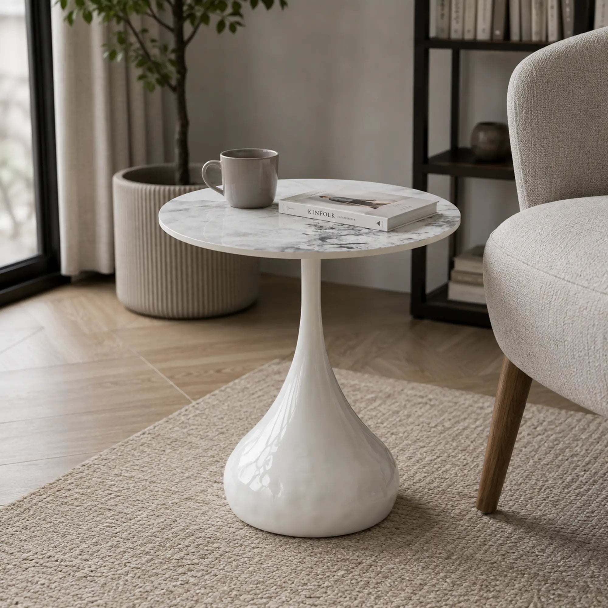 Masuta cafea EBREL, alb cu efect de marmura/alb, ceramica/otel, 50x57 cm
