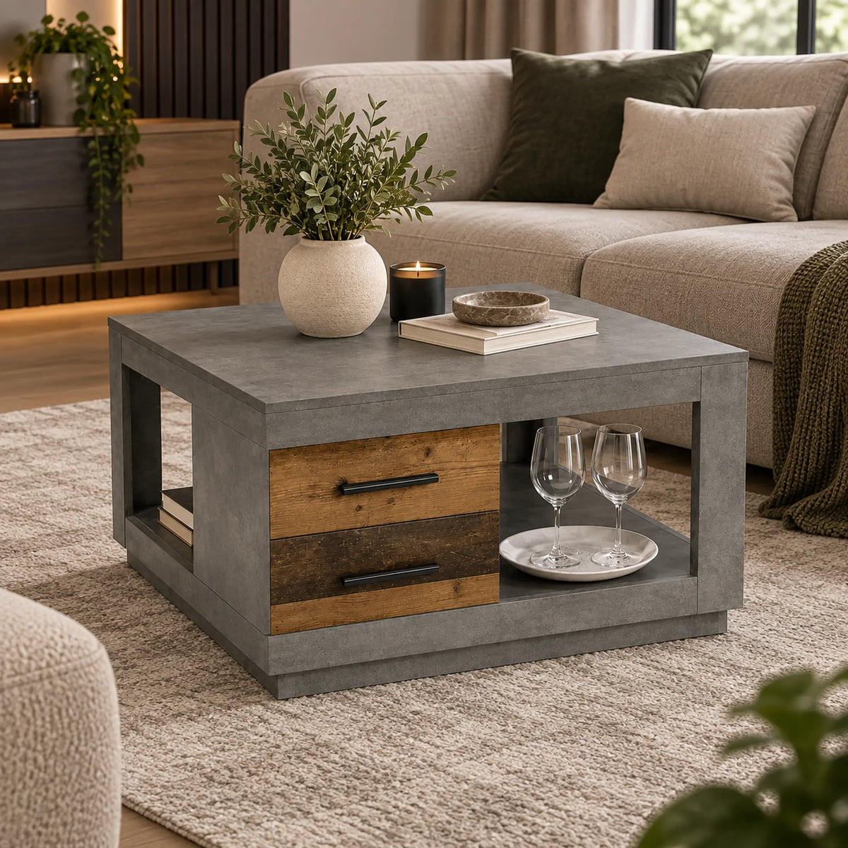 Masuta cafea Fulda, gri ciment/lemn antichizat, PAL, 80x80x46 cm