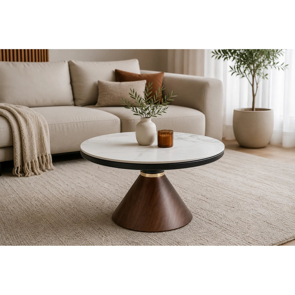 Masuta cafea GENESIS, alb cu efect de marmura/nuc/auriu, ceramica/otel, 70x70x43 cm