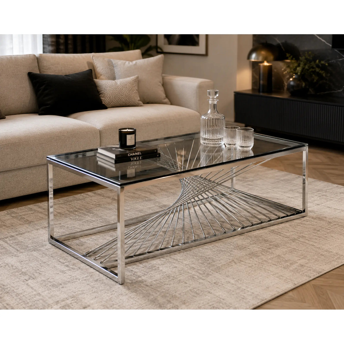 Masuta cafea INFINITY, transparent/argintiu, sticla/otel inoxidabil, 120x60x45 cm