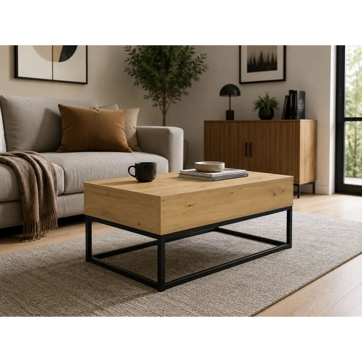 Masuta cafea LIVINA, stejar/negru, DTD laminat/metal, 100x55x40 cm