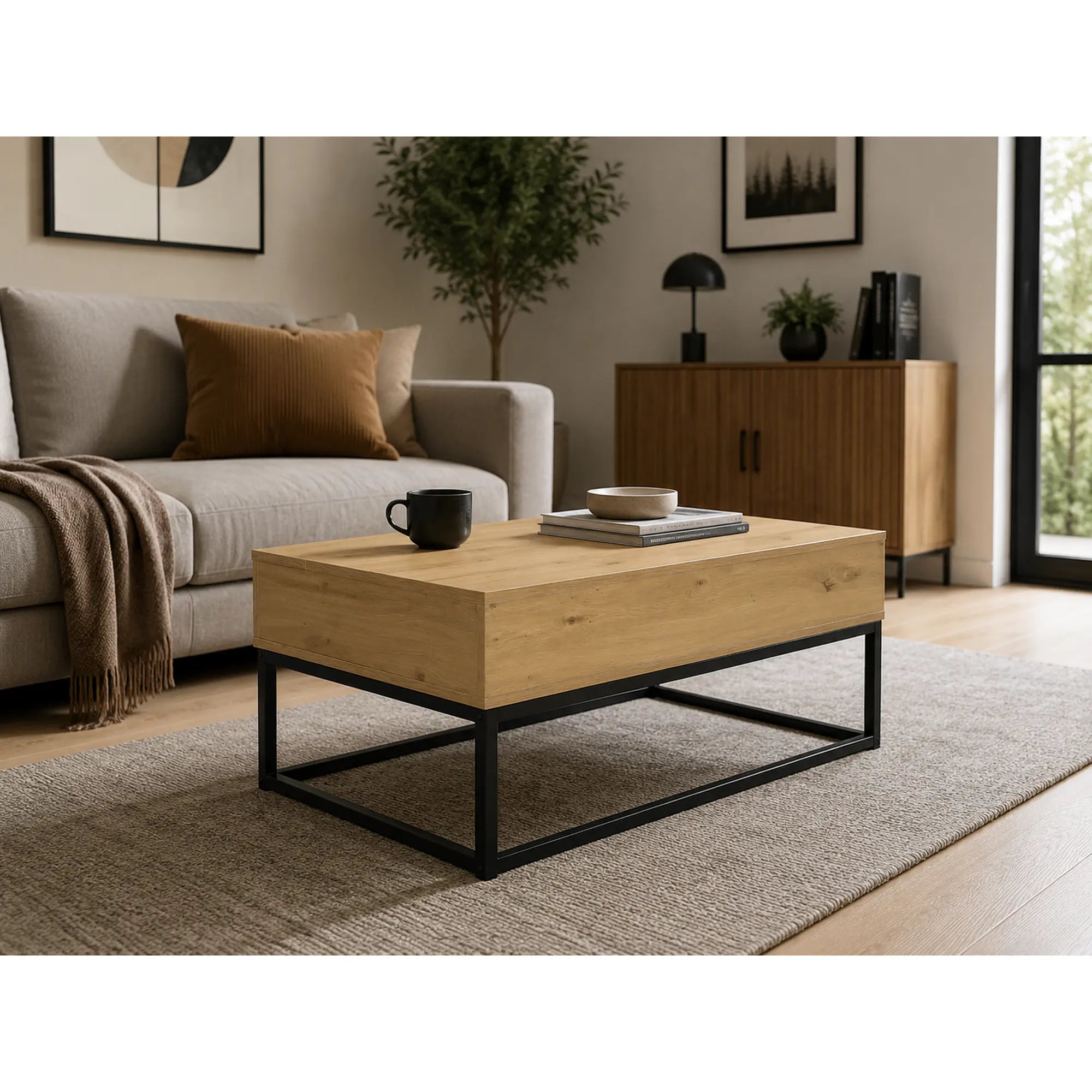 Masuta cafea LIVINA, stejar/negru, DTD laminat/metal, 100x55x40 cm