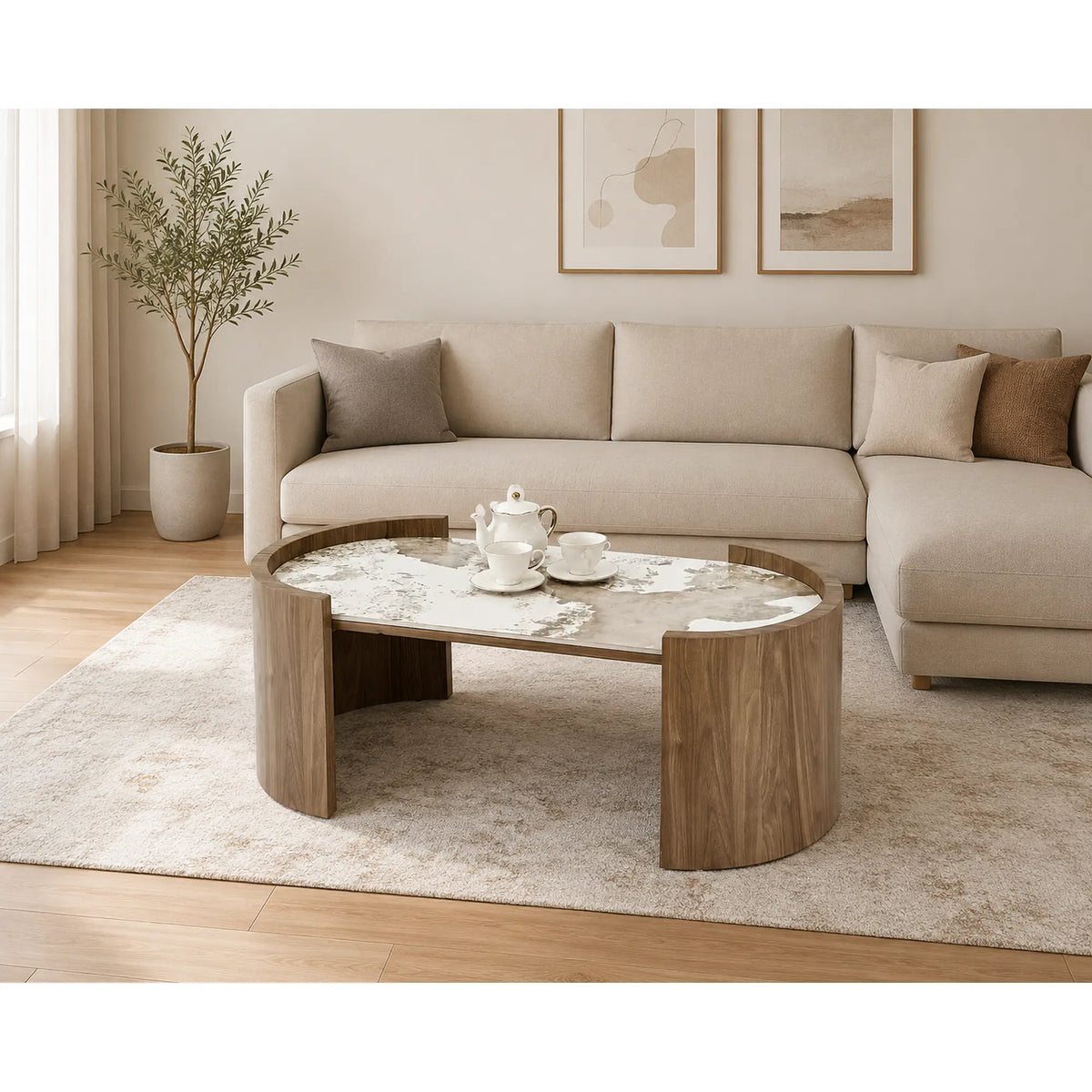 Masuta cafea NICOSIA, bej/nuc, piatra sinterizata, 121x61x45 cm
