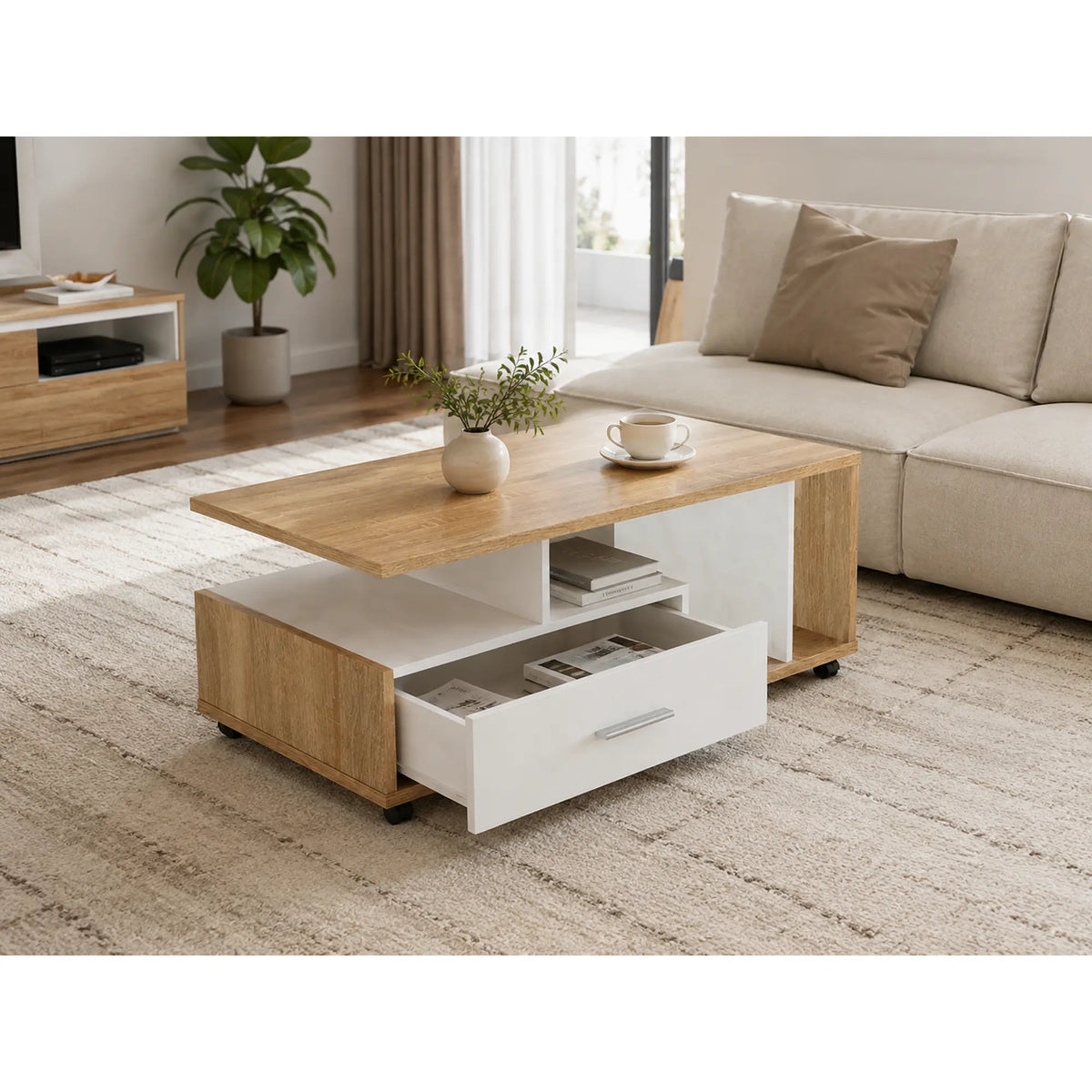 Masuta de cafea DECHEN, stejar sonoma/alb, PAL melaminat, 112x58x42 cm