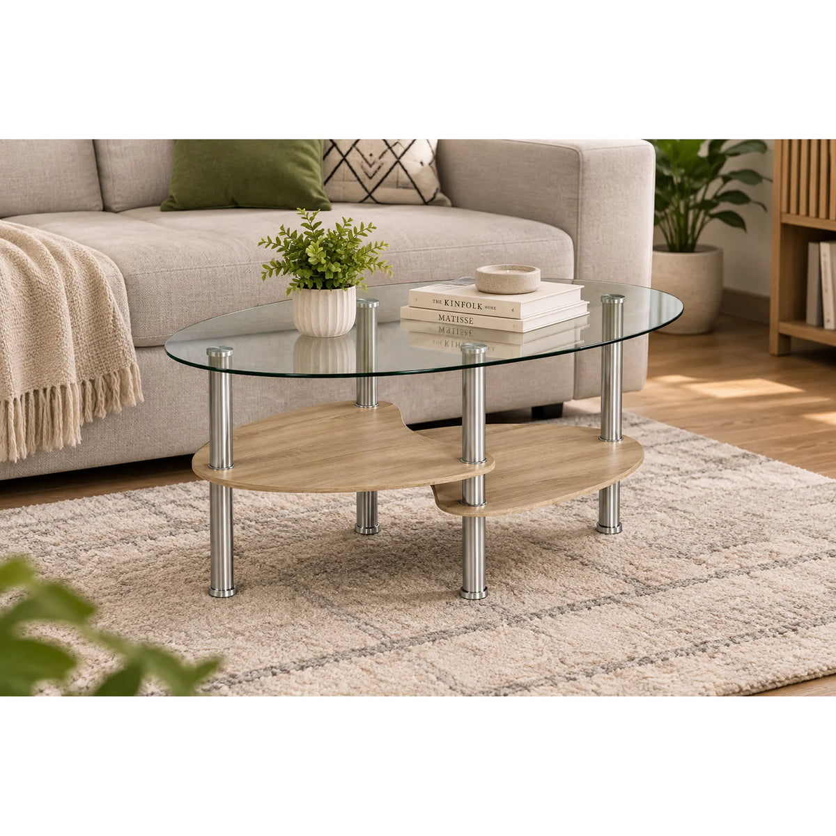 Masuta de cafea PANTY NEW, transparent/stejar sonoma/crom, sticla/MDF/otel, 90x55x41 cm