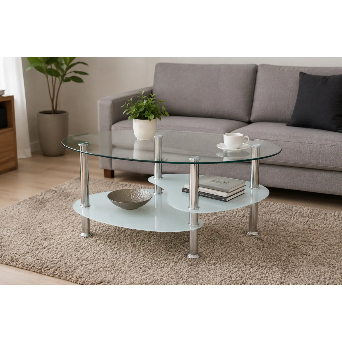 Masuta de cafea WAVE NEW, transparent/alb/crom, sticla/otel, 90x41x55 cm
