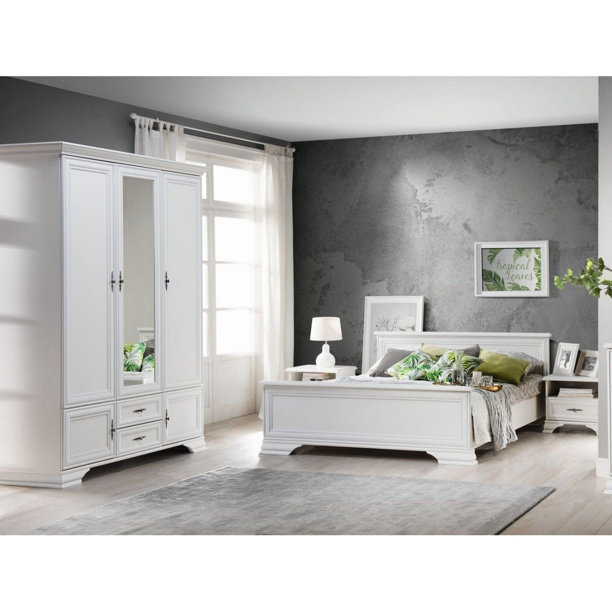 Mobilier dormitor alb IDENTO 2, cu pat 160x200, dulap cu 5 usi si 2 sertare, si 2 noptiere