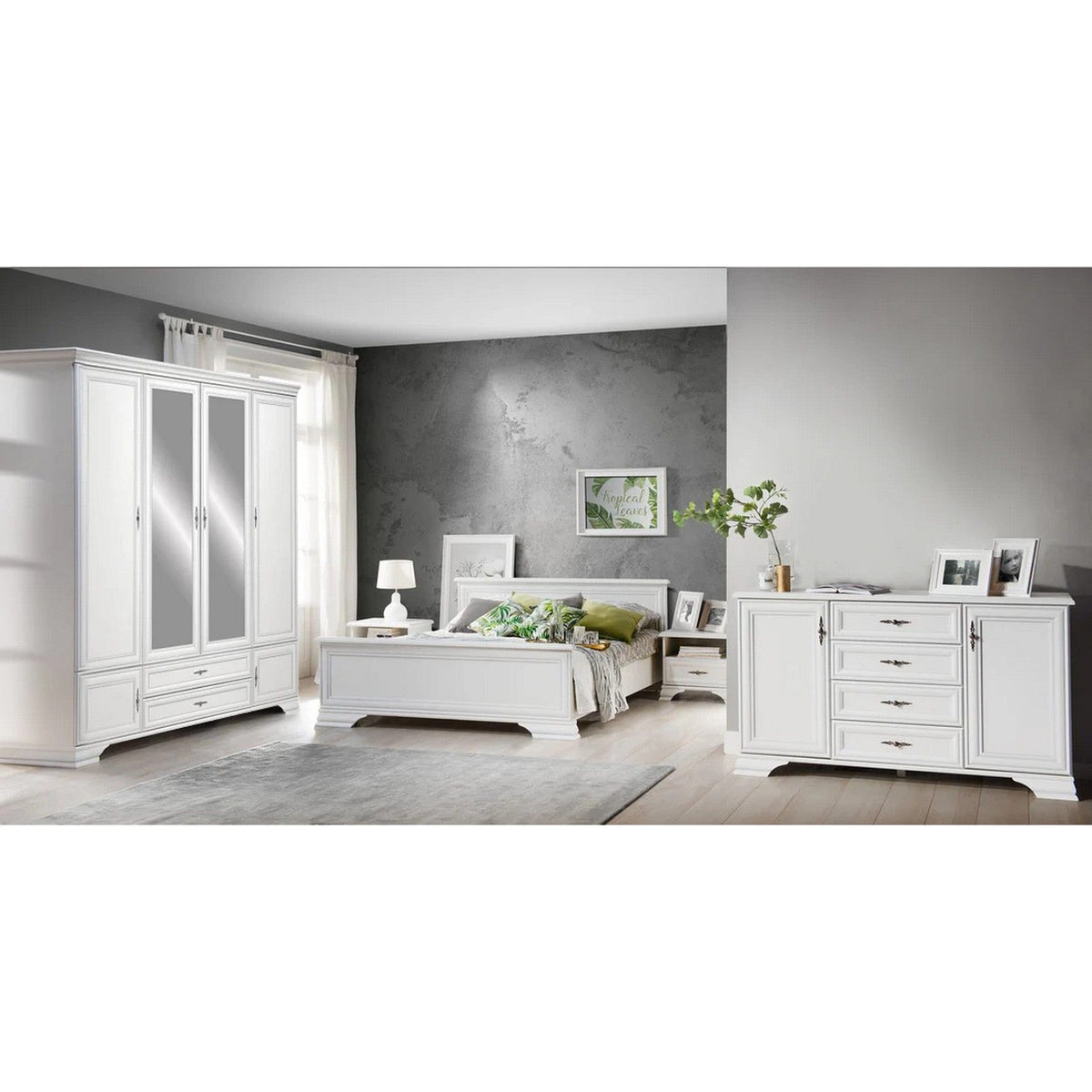 Mobilier dormitor alb IDENTO 4, cu pat 160x200, dulap cu 6 usi si 2 sertare, noptiere si comoda
