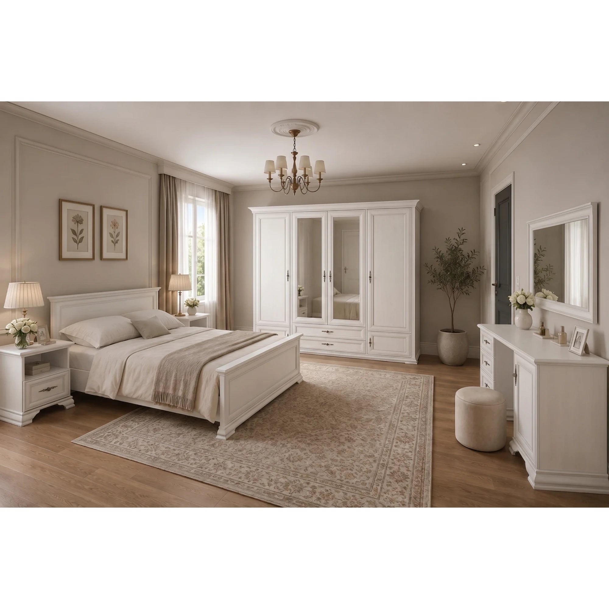 Mobilier dormitor alb IDENTO 5, cu pat 160x200, dulap cu 6 usi si 2 sertare, noptiere, masa toaleta si oglinda
