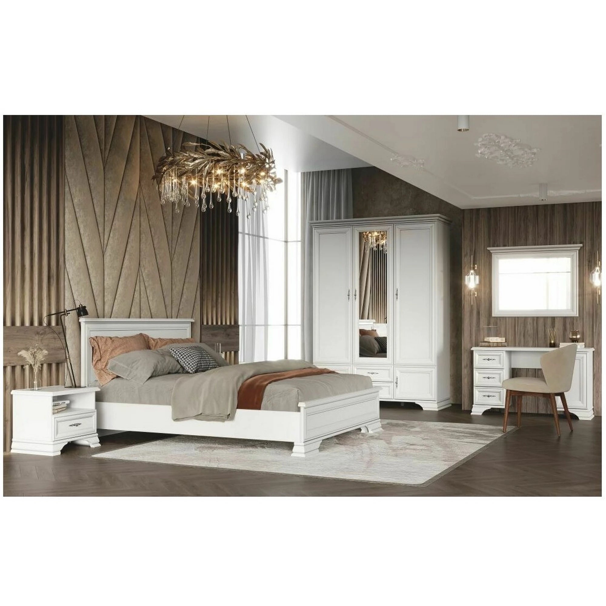 Mobilier dormitor alb IDENTO 6, cu pat 160x200, dulap cu 5 usi si 2 sertare, noptiere, masa toaleta si oglinda