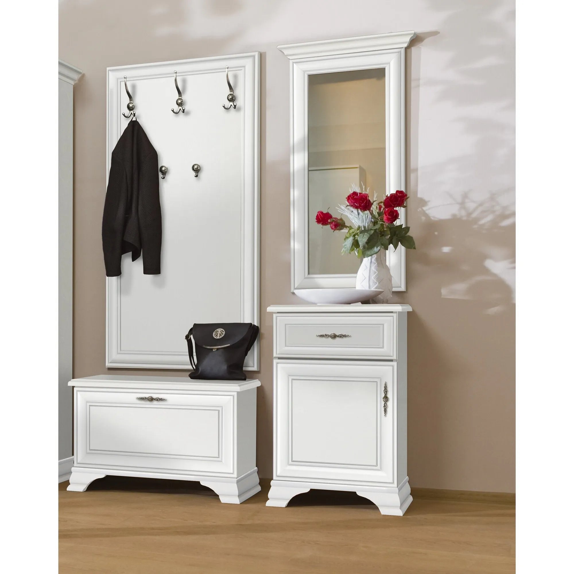 Mobilier hol cu oglinda IDENTO 4, alb, PAL melaminat, format din 4 piese