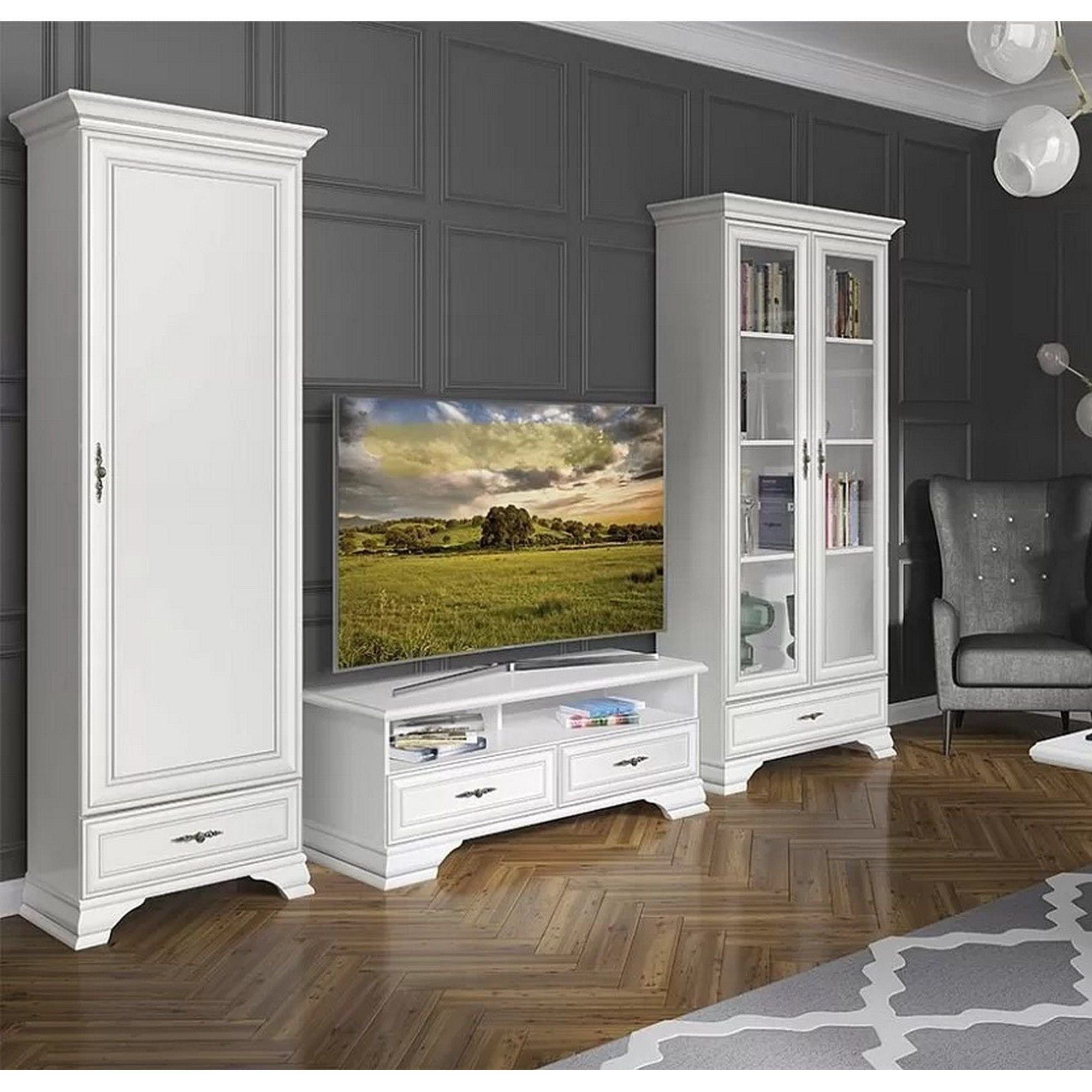 Mobilier living alb clasic IDENTO 4, format din dulap, vitrina si comoda TV