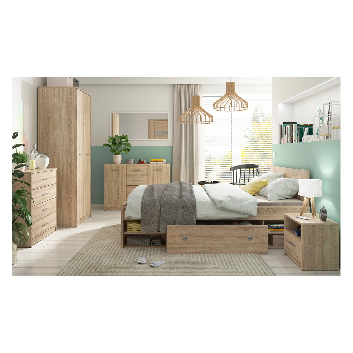 Set dormitor NEPO PLUS, stejar sonoma, pat 140x200, dulap cu 2 usi, 2 comode si noptiera