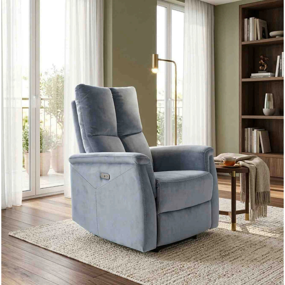 Fotoliu recliner cu functie de masaj NEPTUN M, gri inchis/negru, stofa catifelata/metal 76x94/160x96 cm