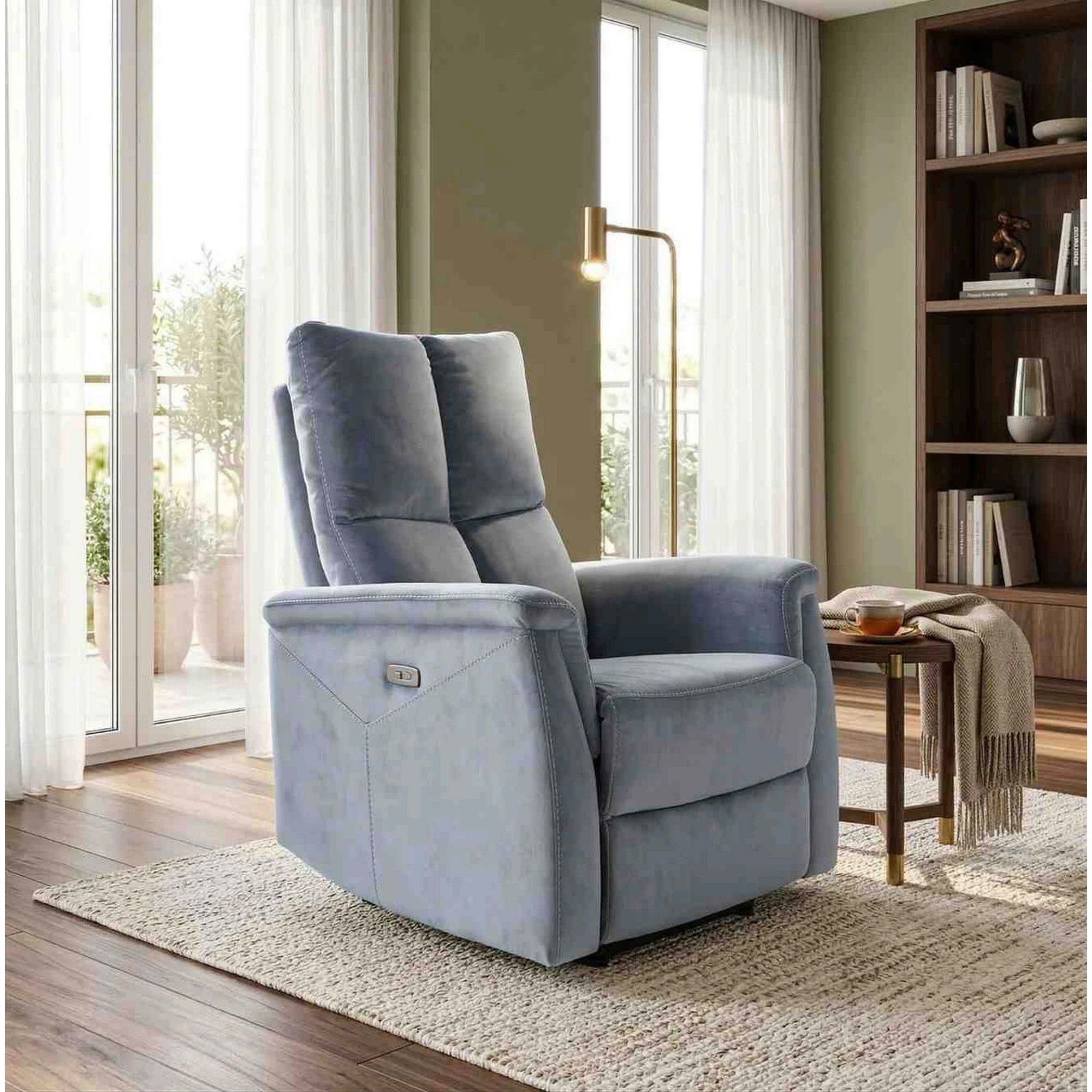 Fotoliu recliner cu functie de masaj NEPTUN M, gri inchis/negru, stofa catifelata/metal 76x94/160x96 cm