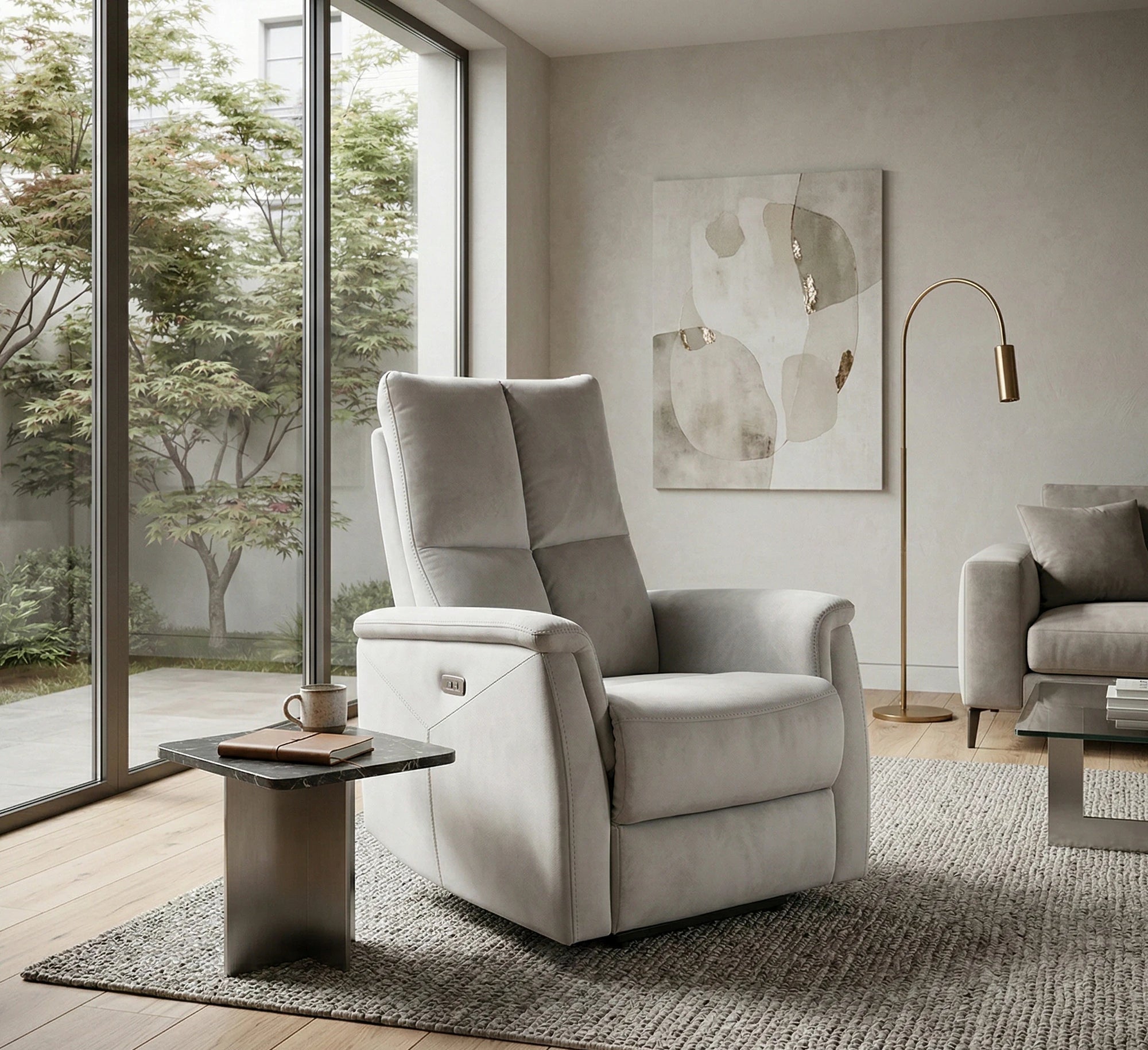 Fotoliu recliner NEPTUN, gri deschis/negru, stofa catifelata/metal, 76x94/160x96 cm