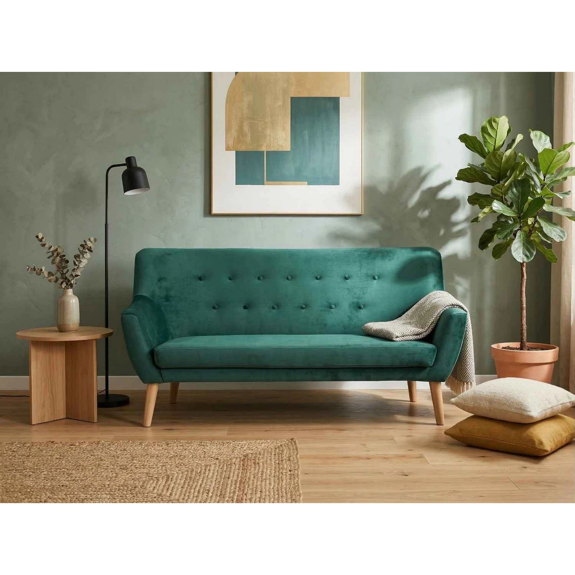 Canapea NORDIC 3, verde, stofa catifelata/lemn, 180x75x90 cm