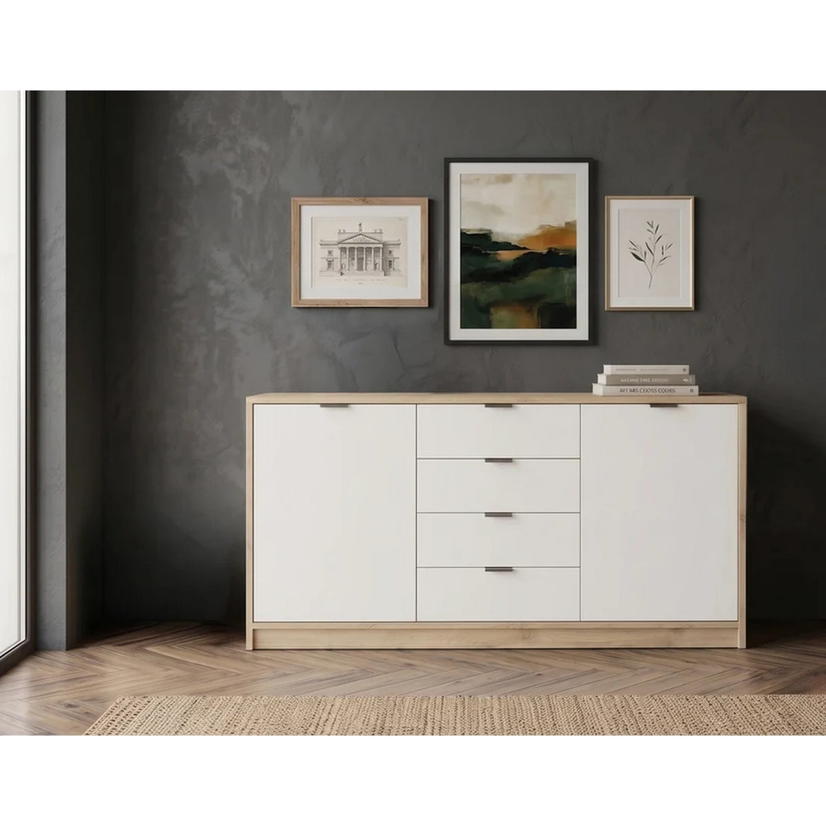 Comoda living NEPON, stejar artisan/alb, PAL laminat, 119x34x84 cm