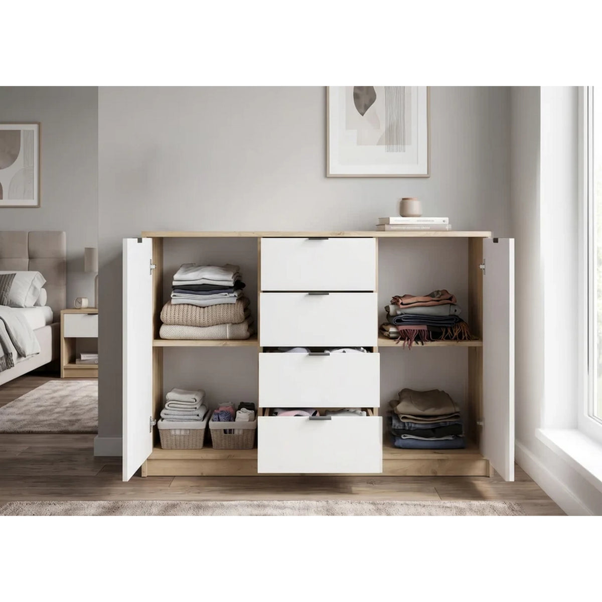 Comoda living NEPON, stejar artisan/alb, PAL laminat, 119x34x84 cm