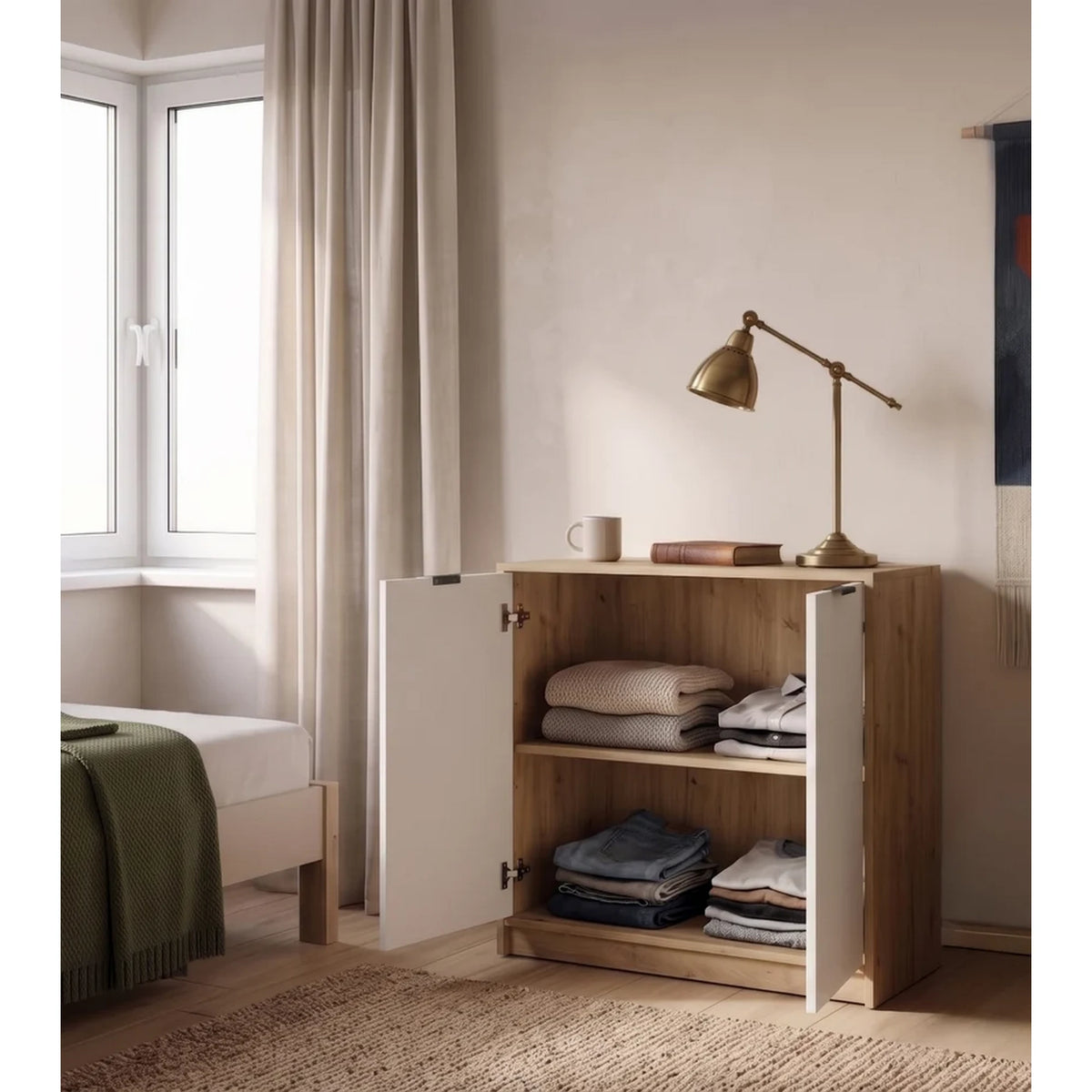 Comoda stejar alb NEPON, PAL laminat, 80x34x82 cm