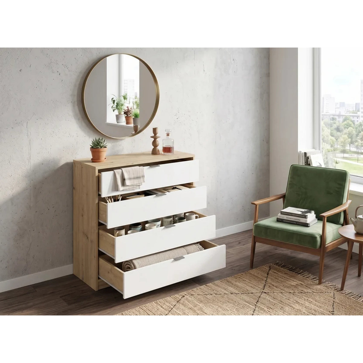 Comoda stejar alb NEPON, PAL laminat, 80x34x84 cm