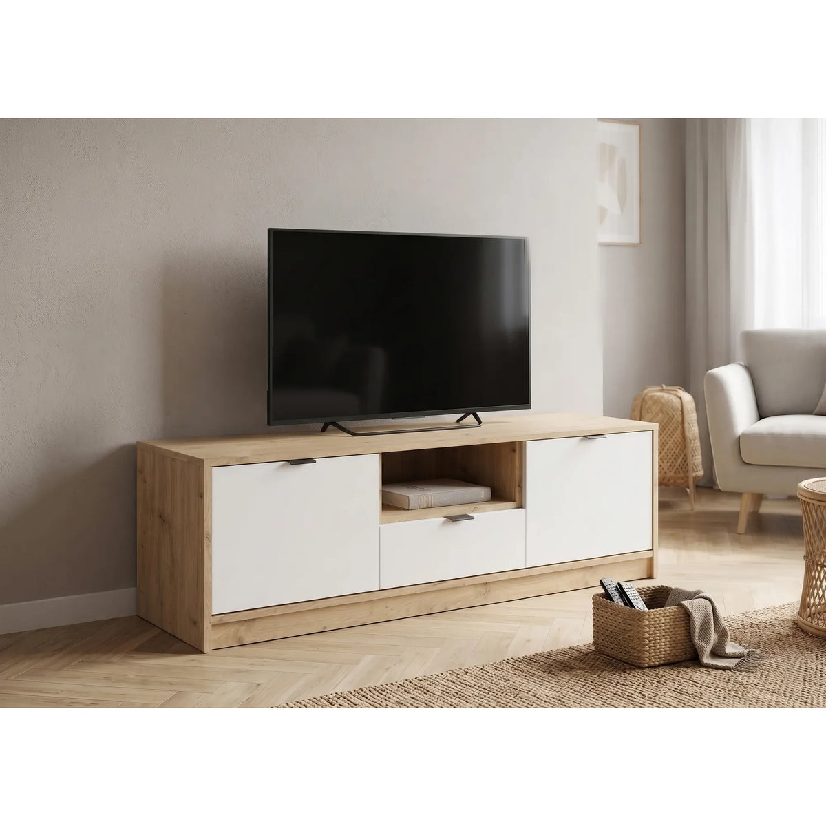 Comoda TV NEPON, stejar artisan/alb, PAL laminat, 130x42x44 cm
