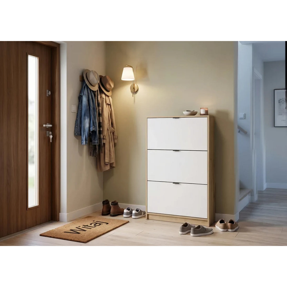 Pantofar ingust hol NEPON, stejar artisan/alb, PAL laminat, 70x18x120 cm