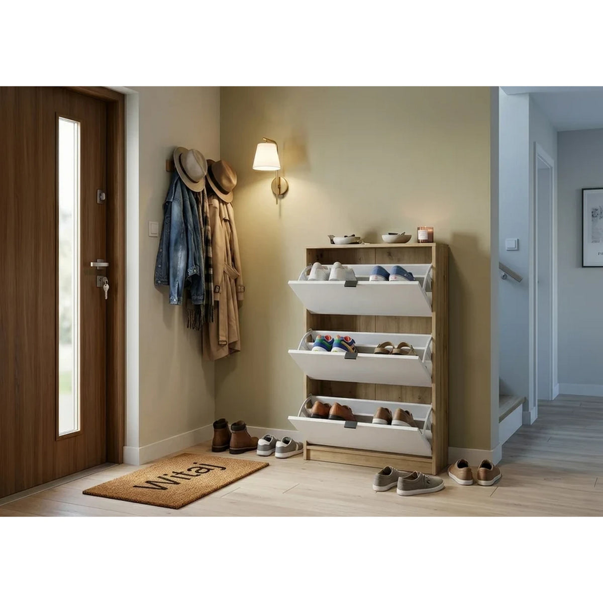 Pantofar ingust hol NEPON, stejar artisan/alb, PAL laminat, 70x18x120 cm