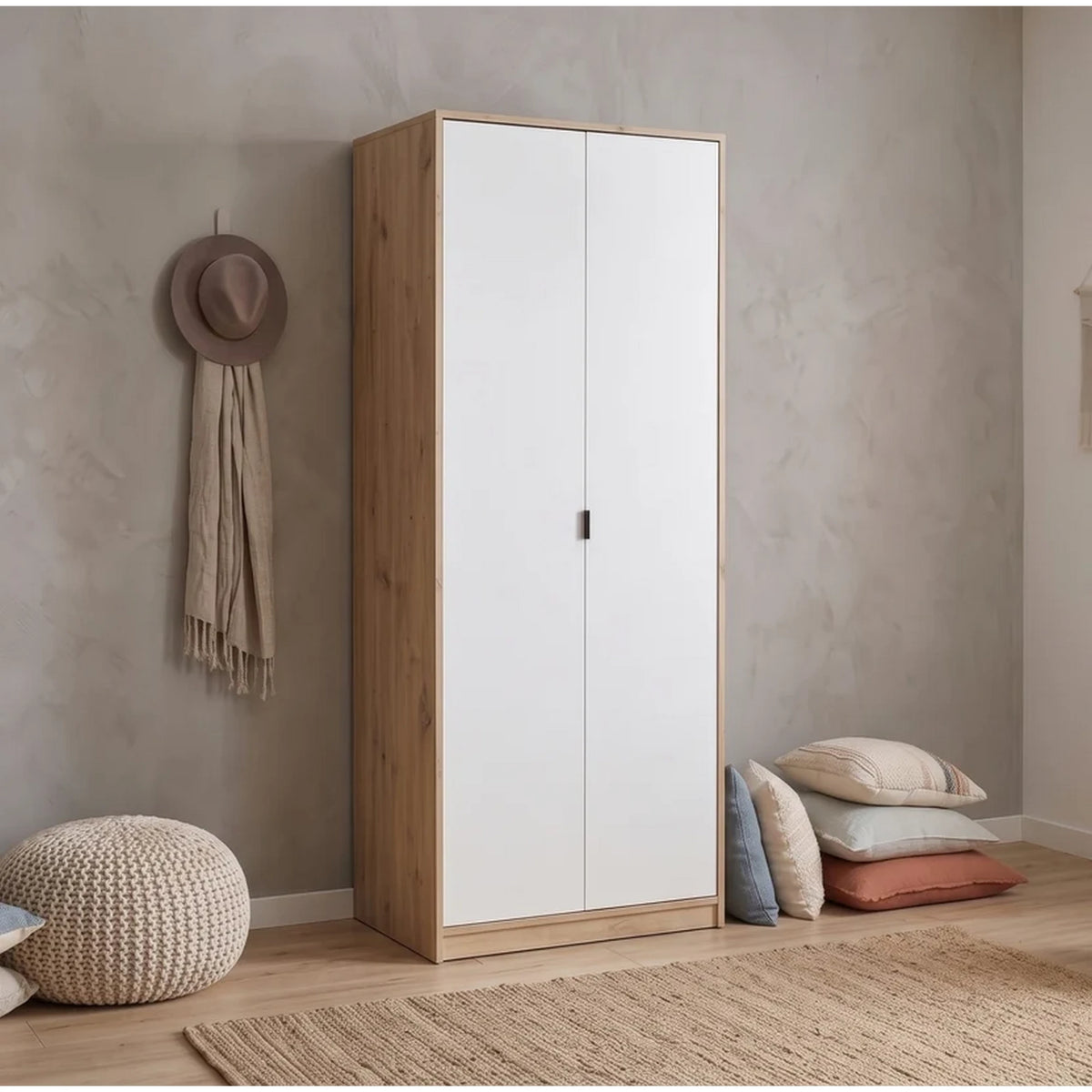 Dulap dormitor 2 usi NEPON, stejar artisan/alb, PAL laminat, 80x54x197 cm
