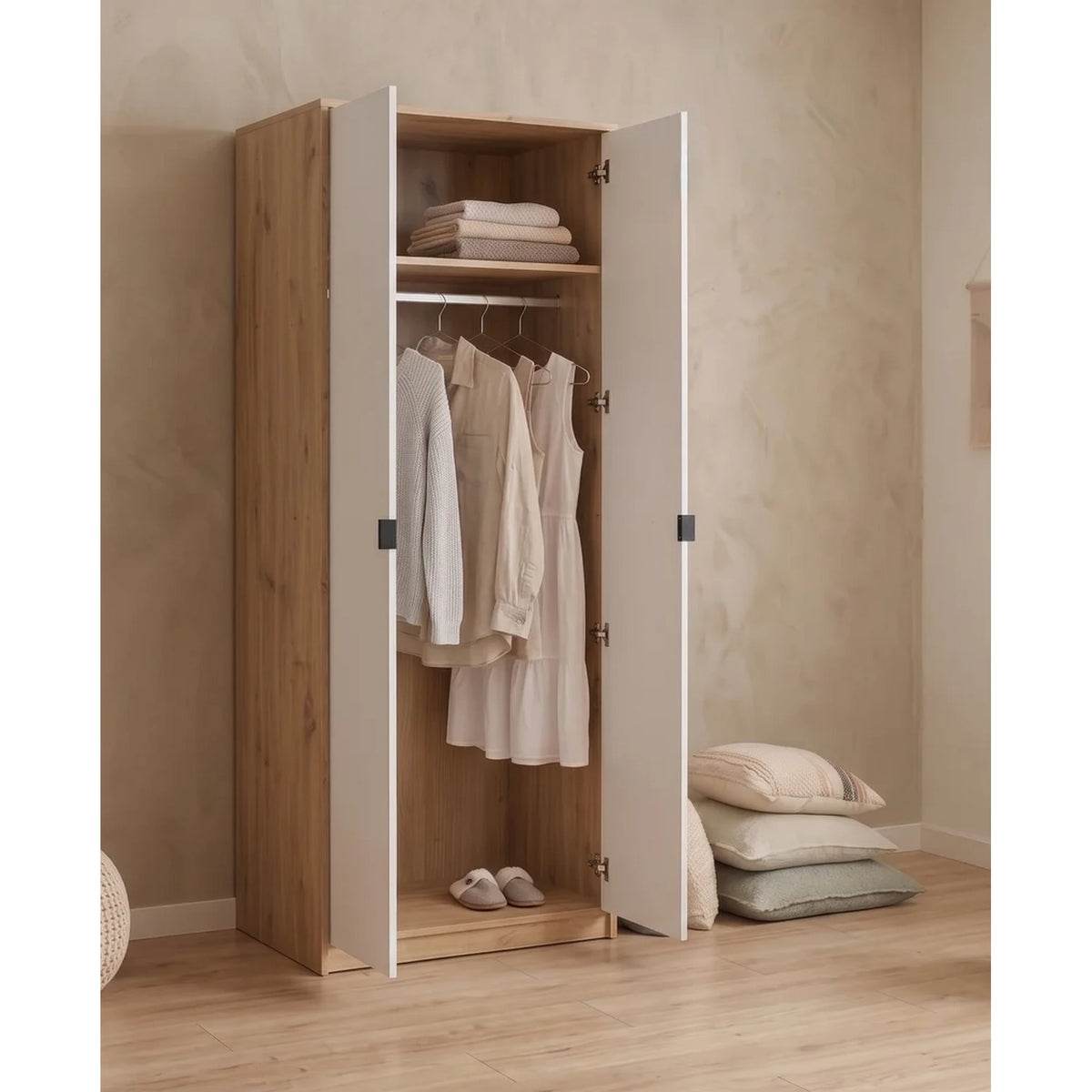 Dulap dormitor 2 usi NEPON, stejar artisan/alb, PAL laminat, 80x54x197 cm