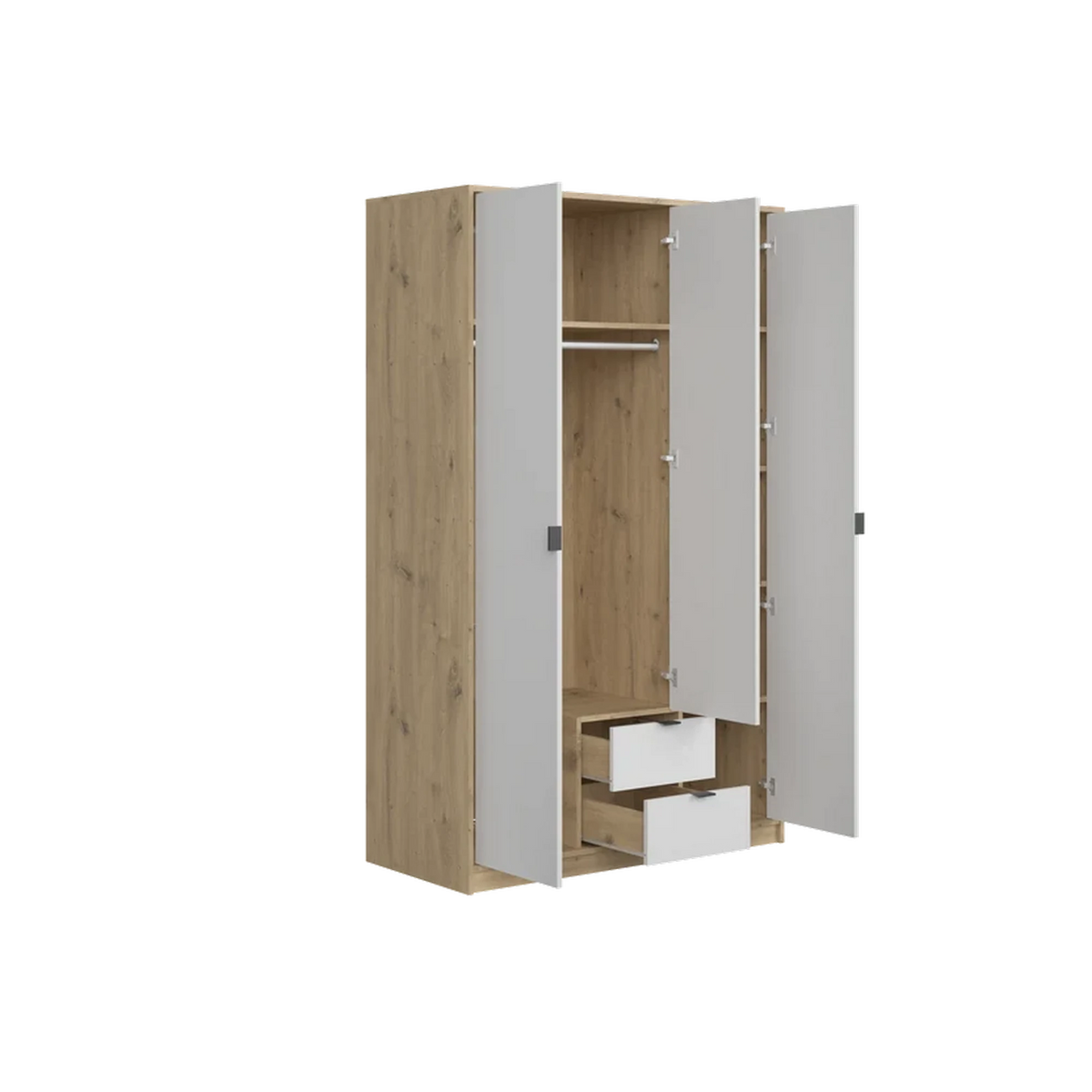 Dulap cu 3 usi si 2 sertare NEPON, stejar artisan/alb, PAL laminat, 118x54x197 cm