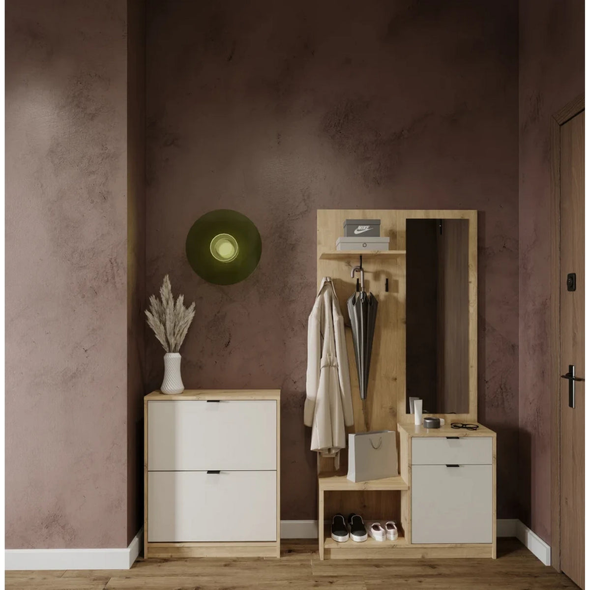 Mobilier hol NEPON, stejar artisan/alb, PAL laminat, 90x31x184 cm