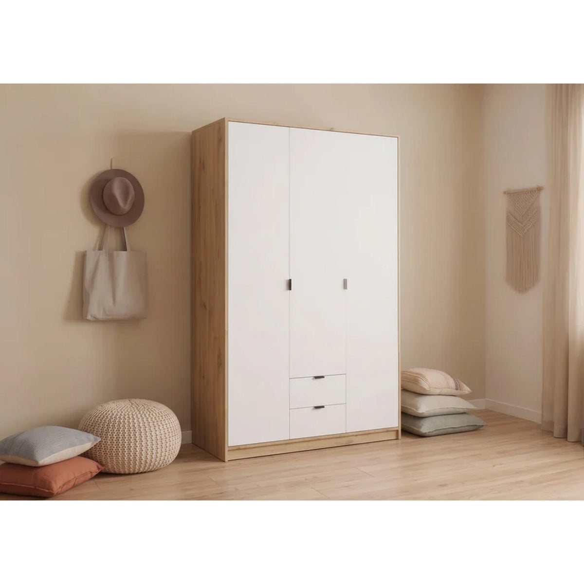 Dulap cu 3 usi si 2 sertare NEPON, stejar artisan/alb, PAL laminat, 118x54x197 cm