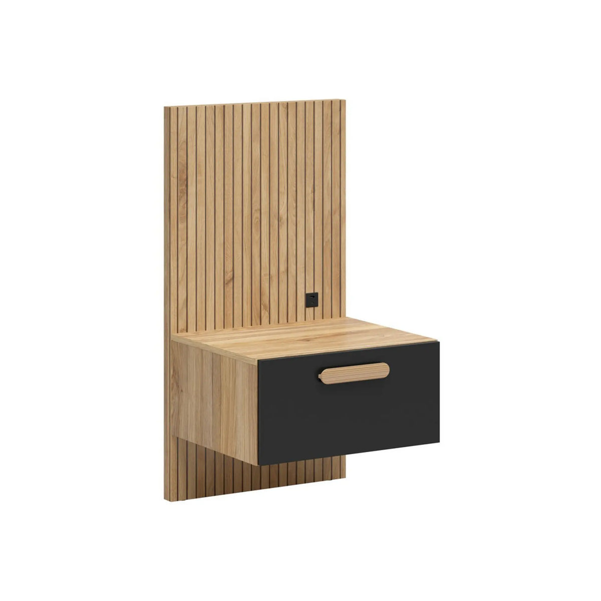 Noptieră HENSON cu USB, varianta stângă, 1 sertar, stejar mauvella/negru, PAL, 51x46x95 cm
