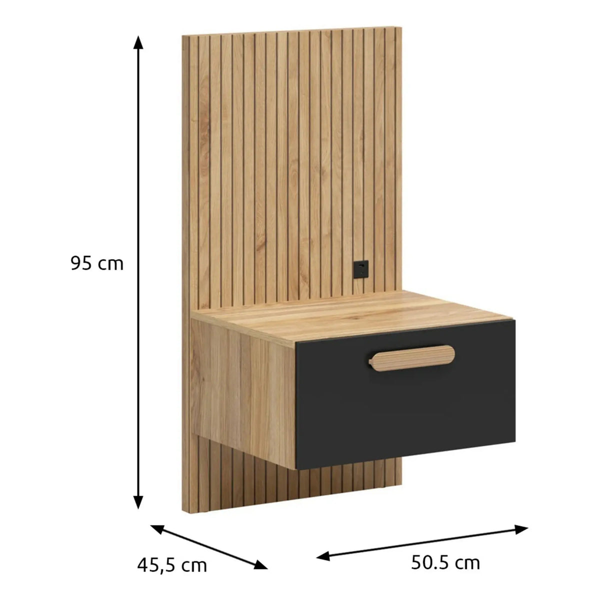 Noptieră HENSON, stânga, stejar mauvella/negru, PAL, cu USB, 51x46x95 cm