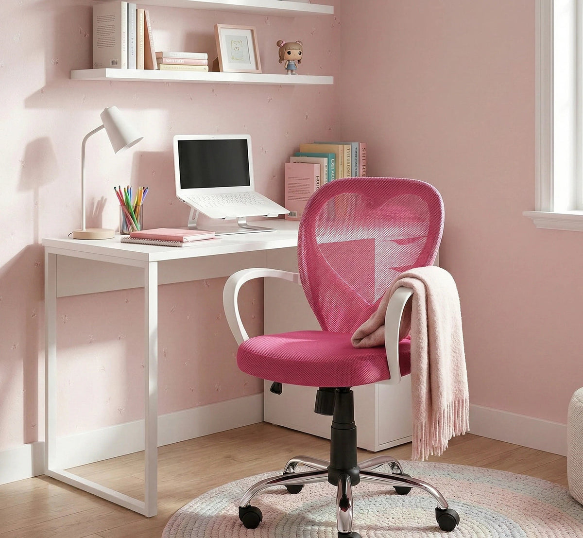 Scaun de birou DAISY, roz, stofa/polipropilena, 60x47x88/98 cm