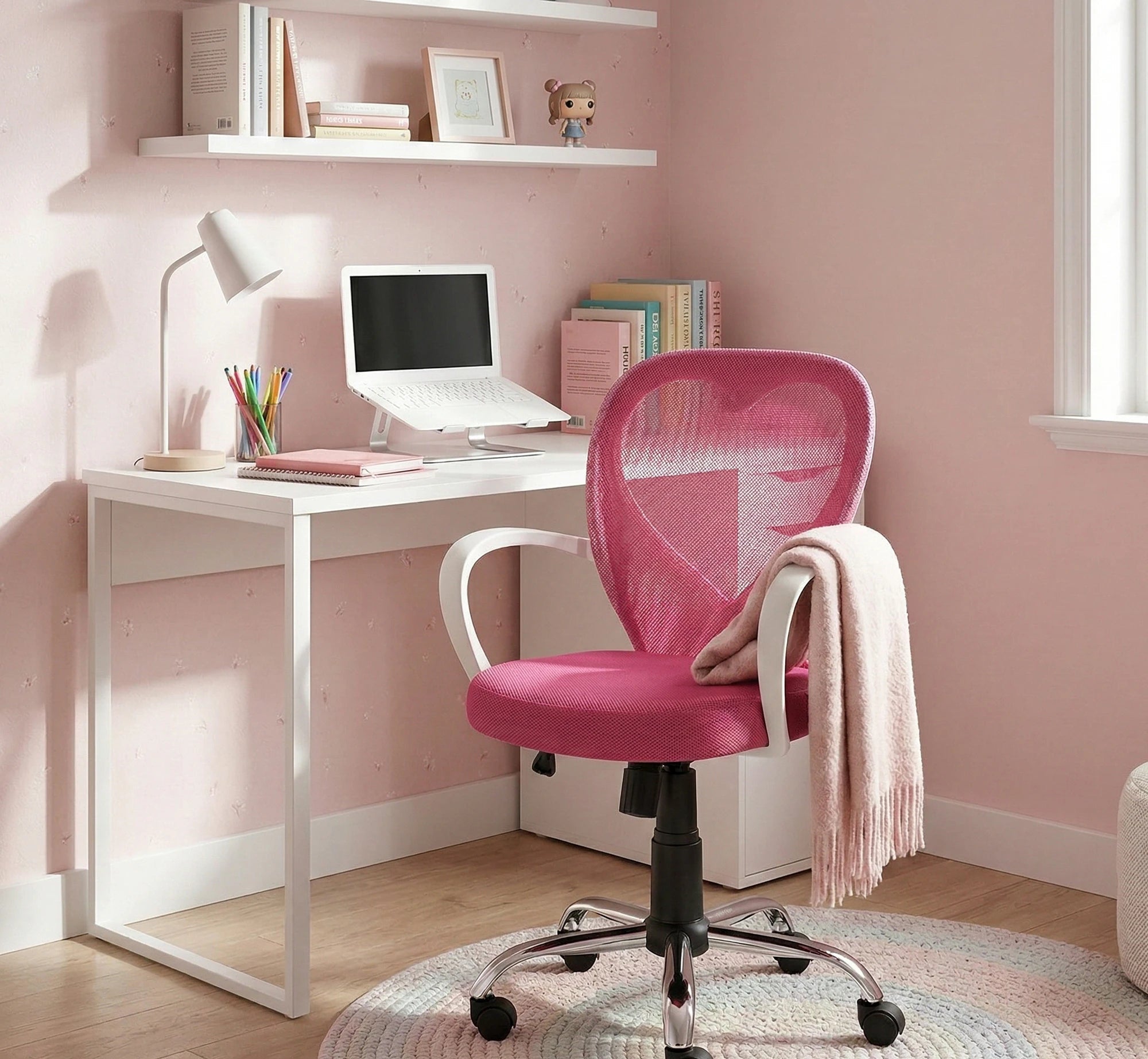 Scaun de birou DAISY, roz, stofa/polipropilena, 60x47x88/98 cm