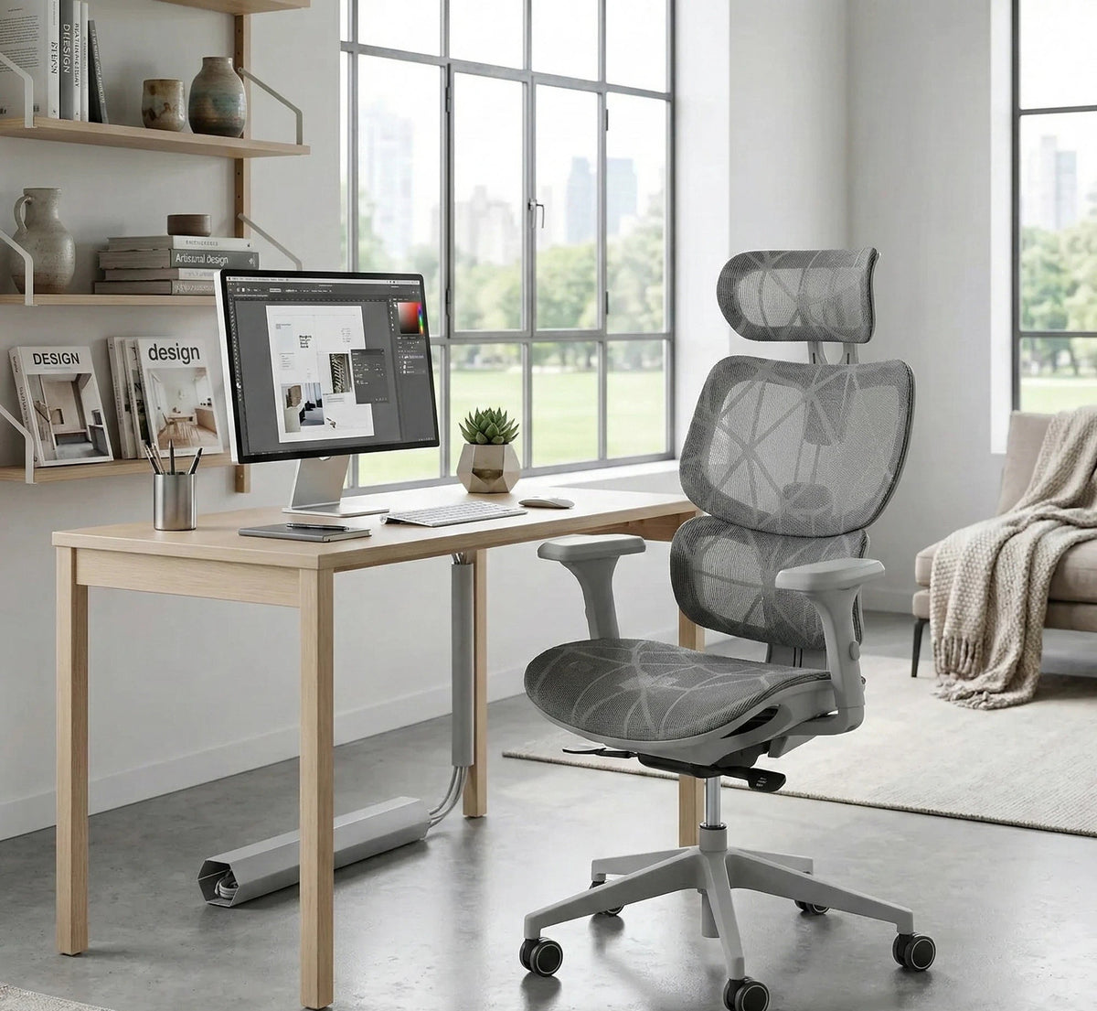 Scaun birou DEVON, gri/alb, plasa/metal, 68x50x119/129 cm