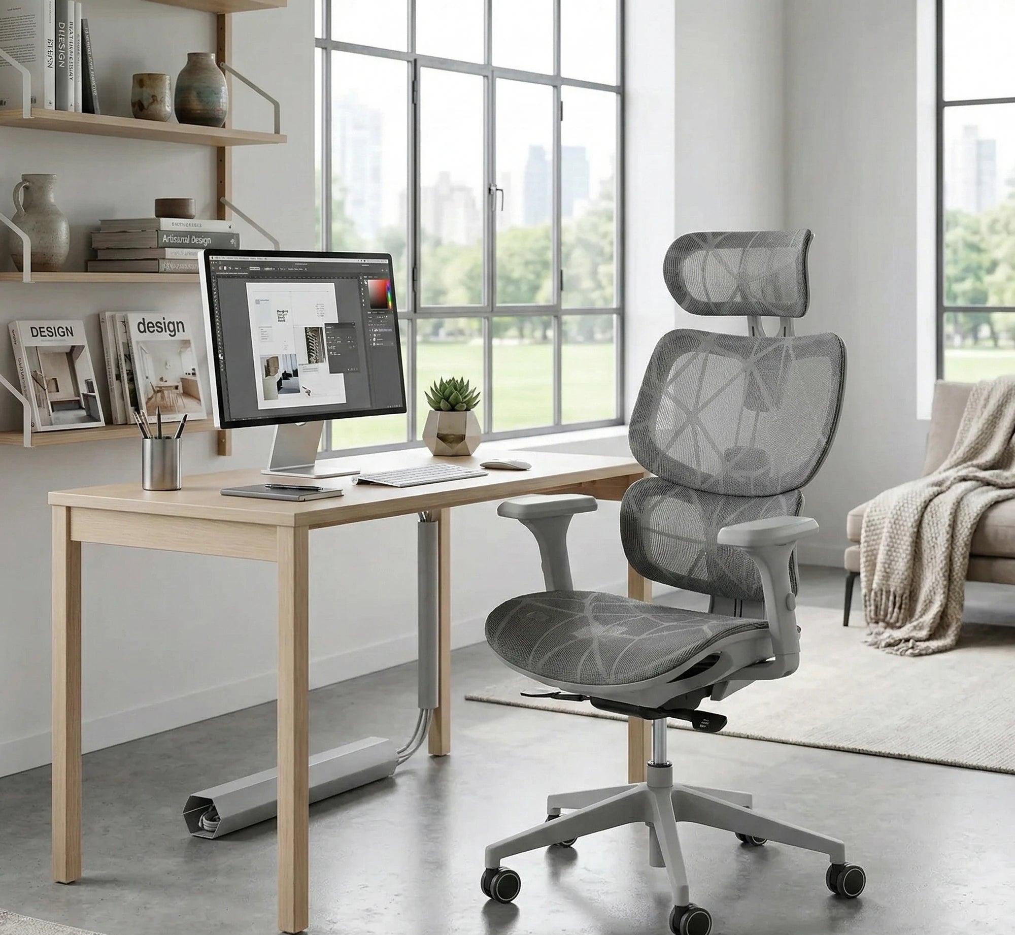 Scaun birou DEVON, gri/alb, plasa/metal, 68x50x119/129 cm